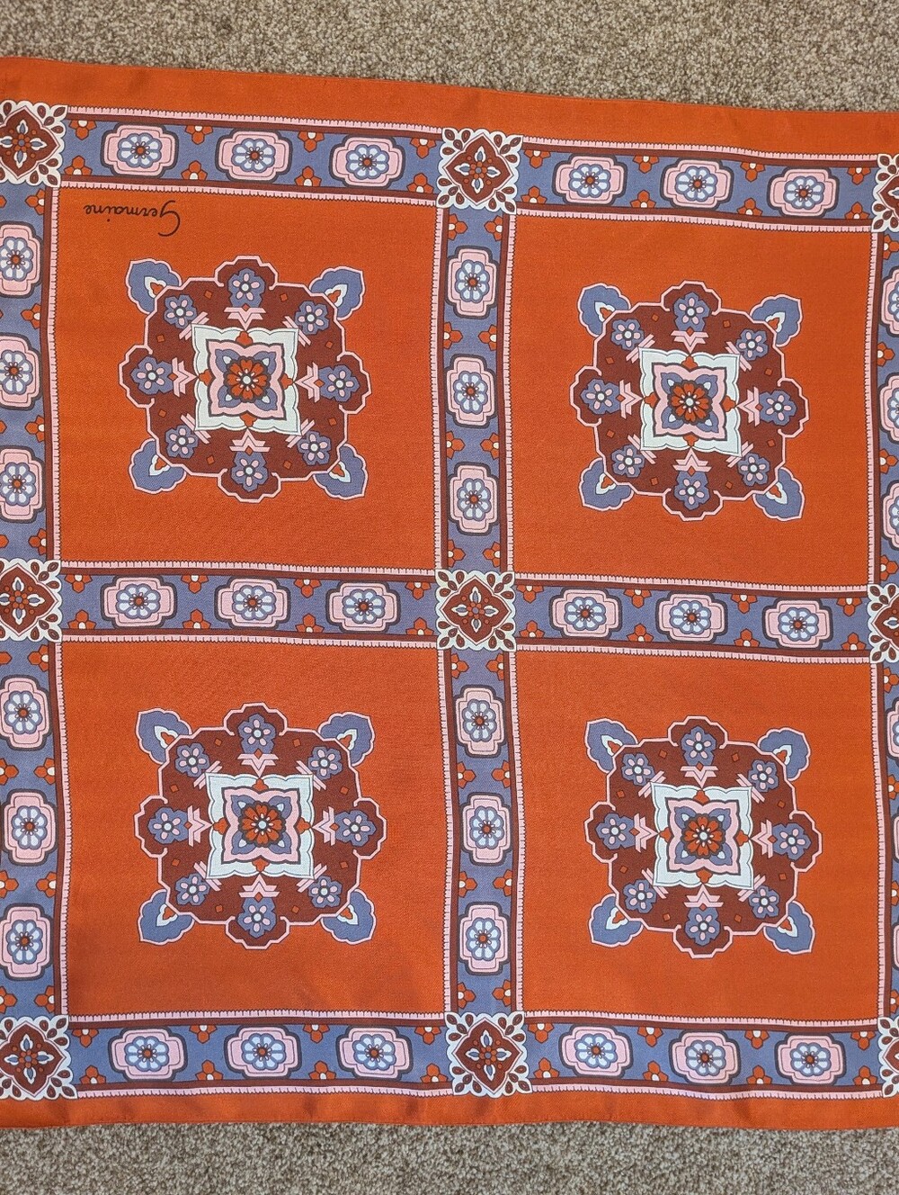 Vintage Germaine Italian Acetate Scarf Orange/Red Square Scarf ~ 25"